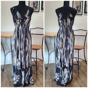 NWT'S - J & W - Long Silky Dress, Stripe & Paisly Print, Lace Back- size Large 